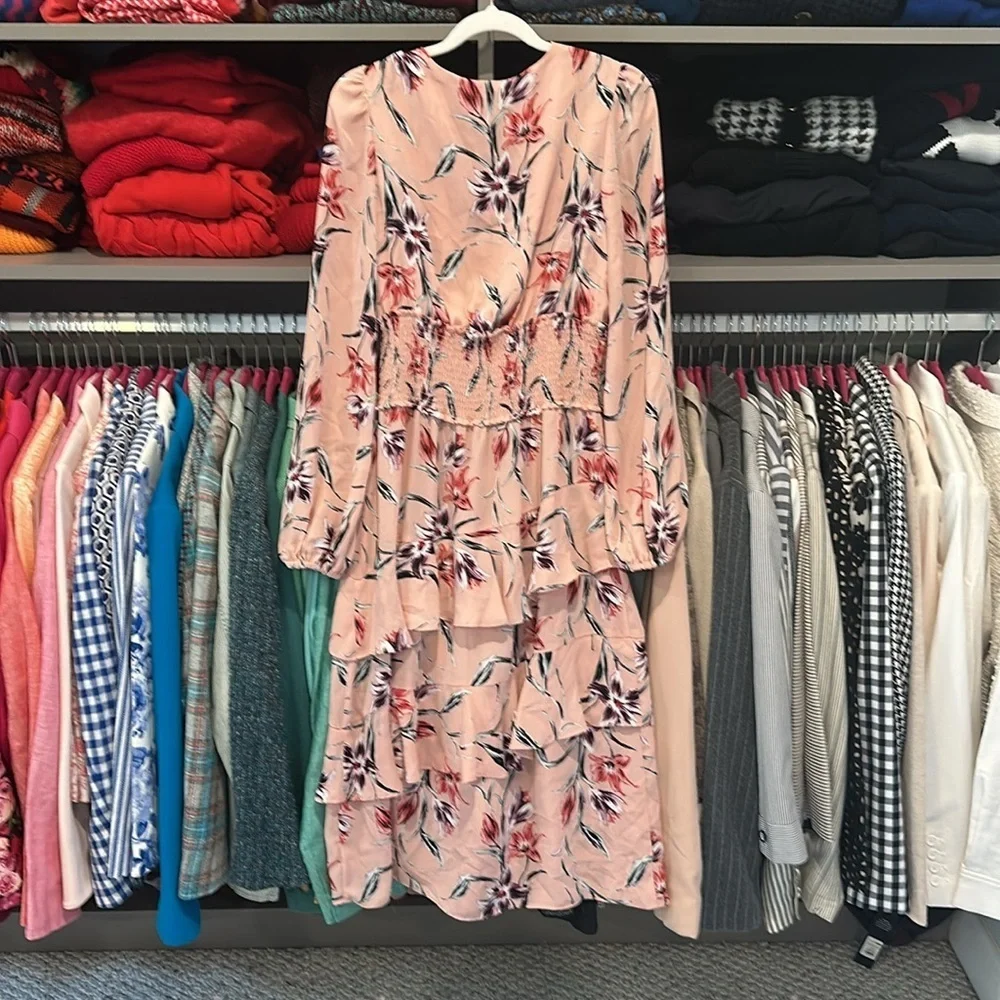 Free Press pink/purple floral tiered long sleeve v neck smocked waist dress S